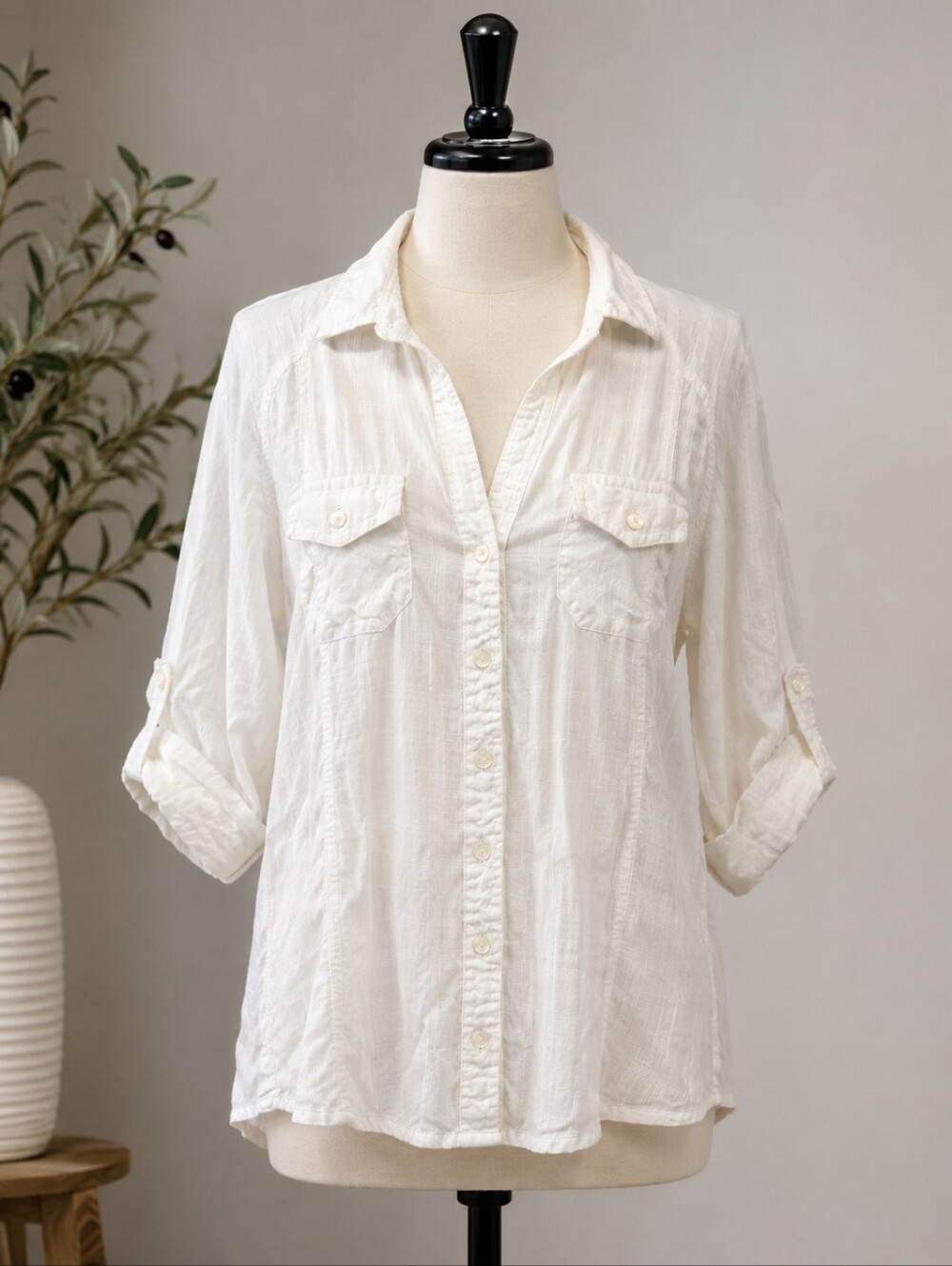 Lightweight White Button-Front Utility Shirt
